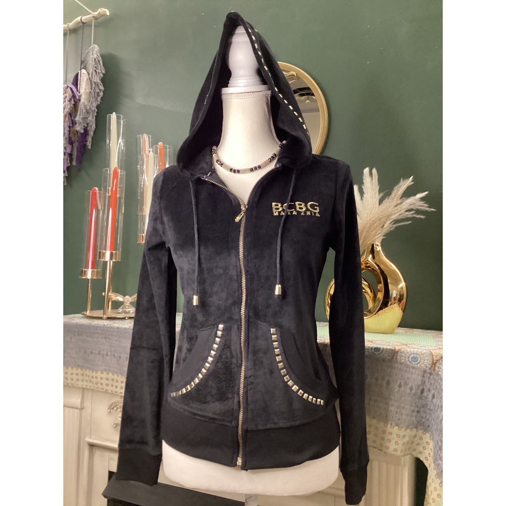 BCBG Max Azria Black Velour Zip Up Hoodie Gold Studded Y2K‎ Track Jacket Small